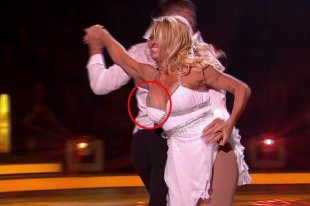 Pamela Anderson suffers a wardrobe malfunction on Dancing on Ice